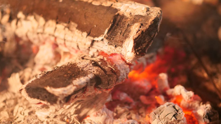 Detailed view of burning embers and charred firewood in a campfire at night.